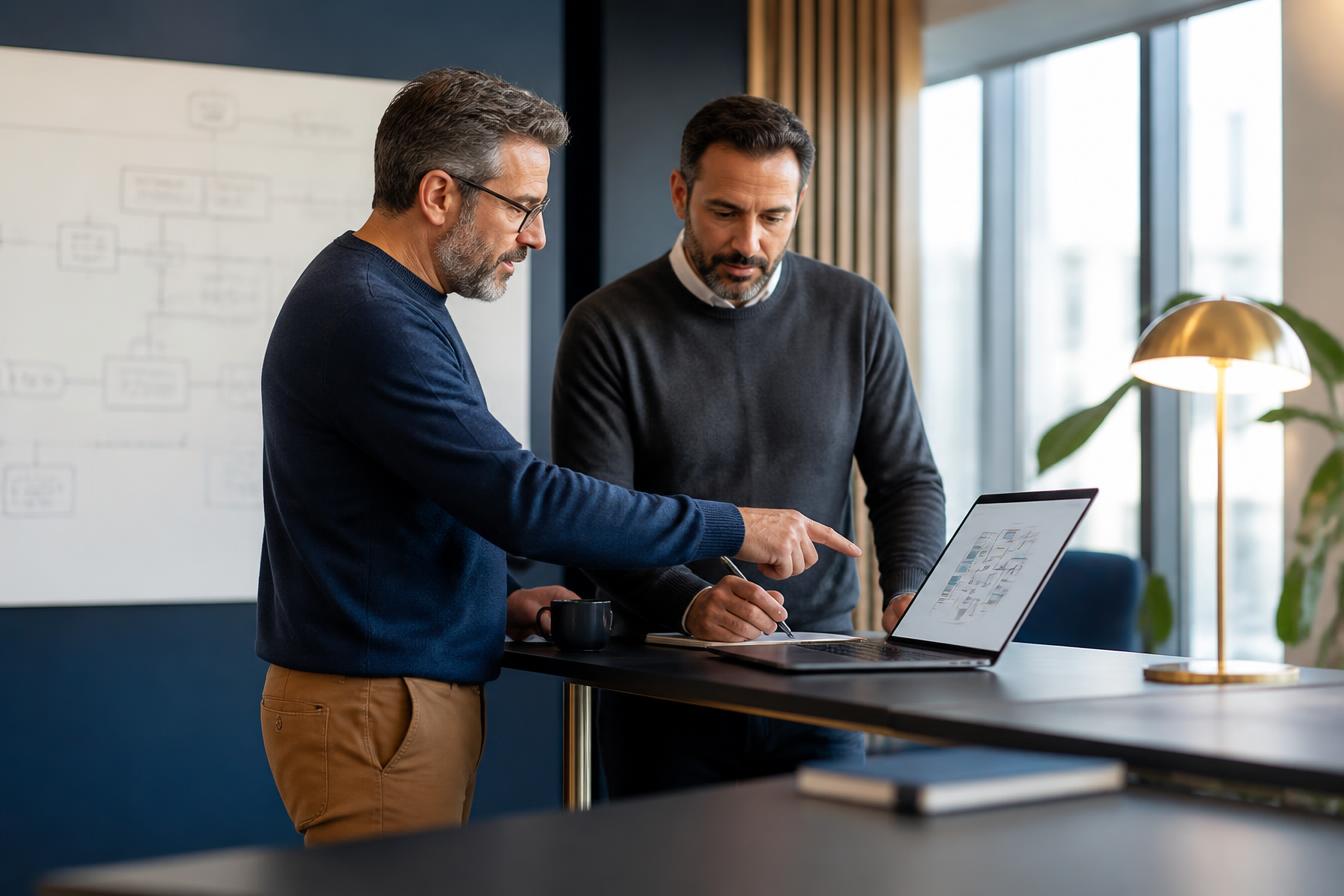 Two senior practitioners collaborating over a technology framework diagram